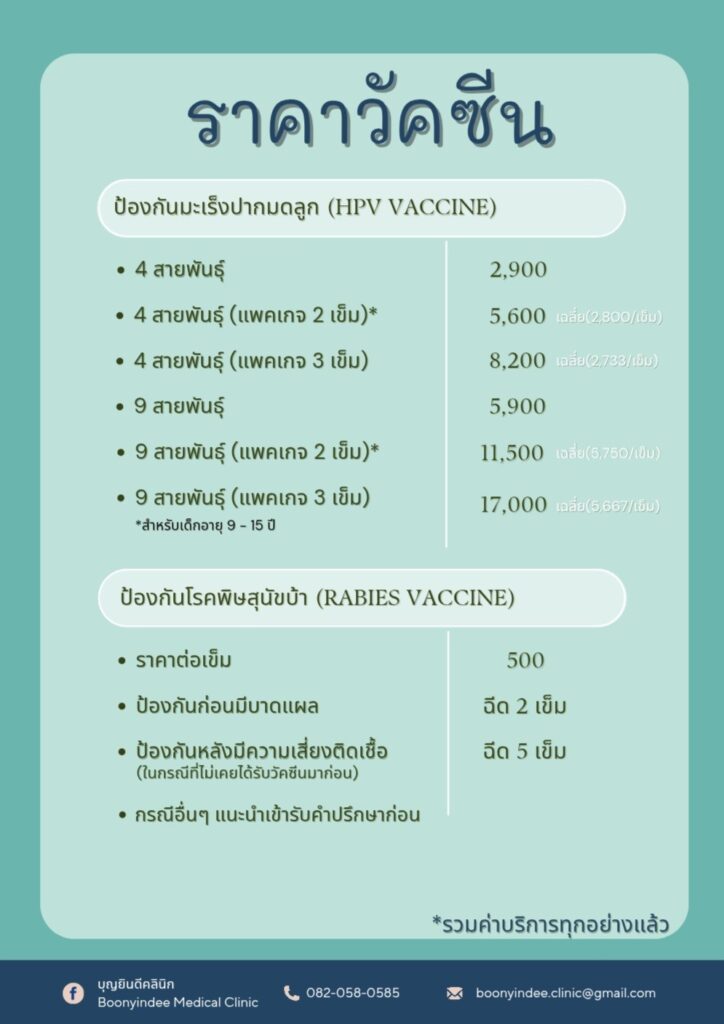 ราคาวัคซีน บุญยินดีคลินิก